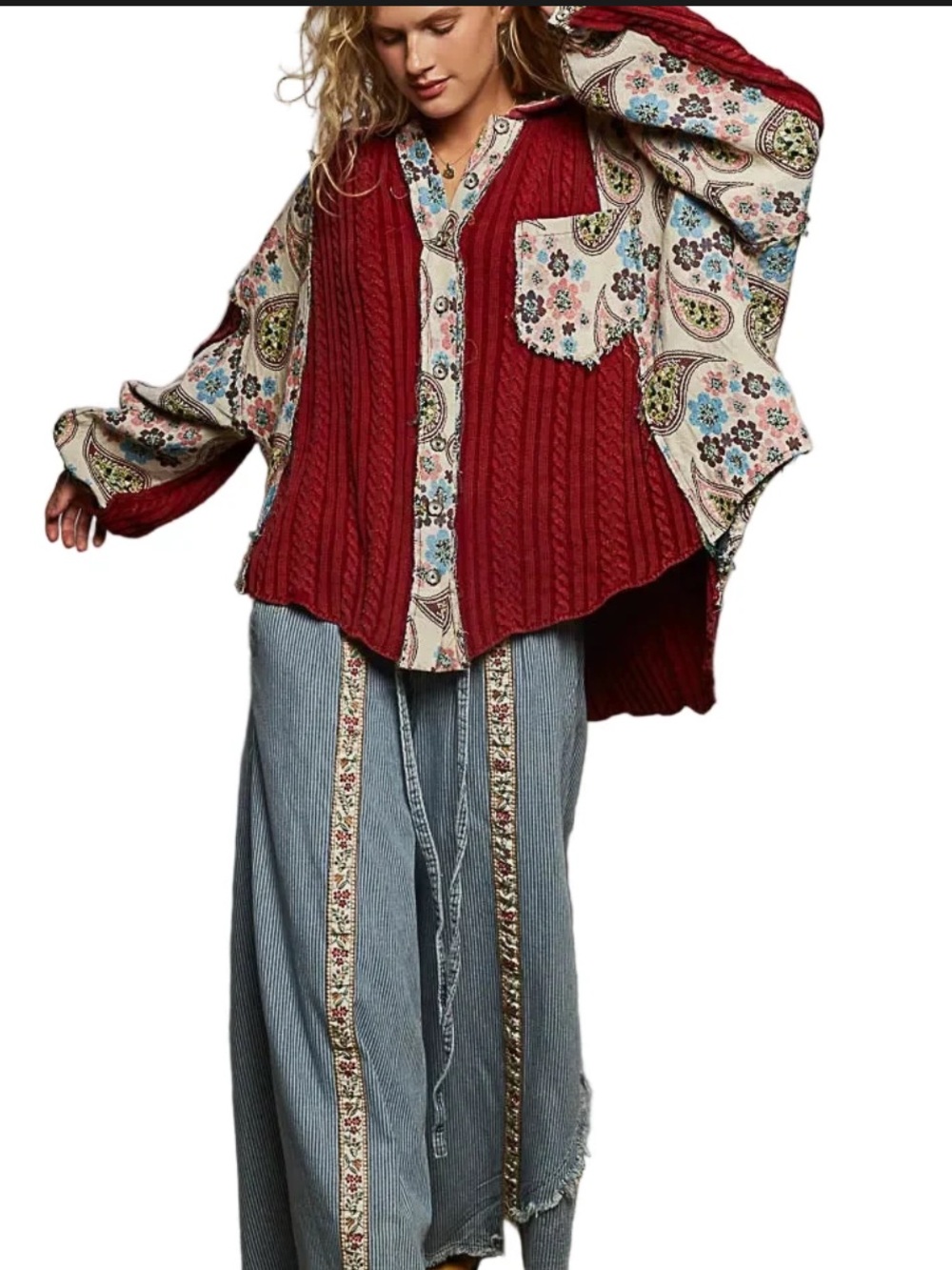 POL Collar Neck Paisley Jacquard A-Line Top